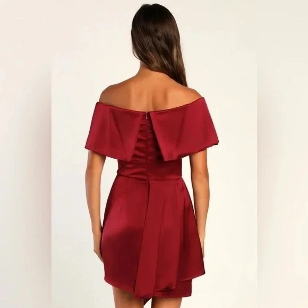 Lulus Always Celebrating Burgundy Satin Off-The-Shoulder Mini Dress Size M